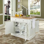 White Butcher Block Top Kitchen Island – 1-Person, 4 Shelves, 2 Drawers, Towel Bars