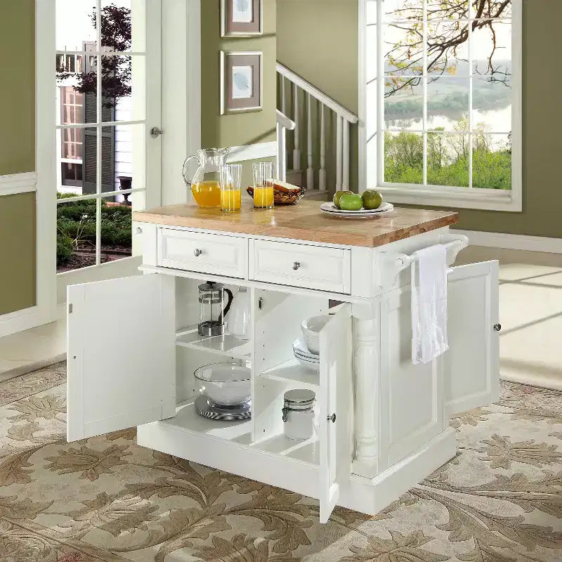 White Butcher Block Top Kitchen Island – 1-Person, 4 Shelves, 2 Drawers, Towel Bars