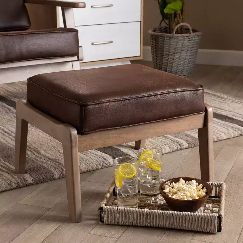 Sigrid Faux Leather Upholstered Wood Ottoman Dark Brown/Antique Oak - Baxton Studio: Mid-Century Modern, Removable Cushions