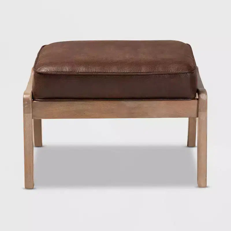 Dark Brown Faux Leather Ottoman, Mid-Century Rectangle, 1-Seat