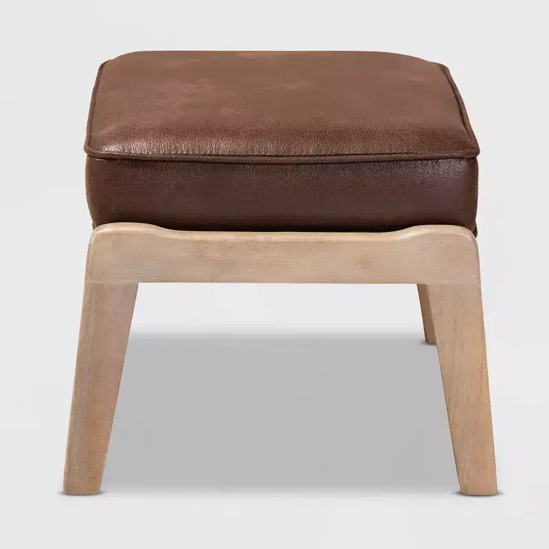 Dark Brown Faux Leather Ottoman, Mid-Century Rectangle, 1-Seat
