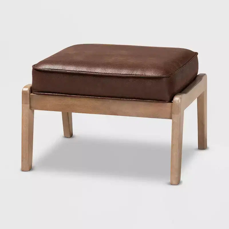 Dark Brown Faux Leather Ottoman, Mid-Century Rectangle, 1-Seat