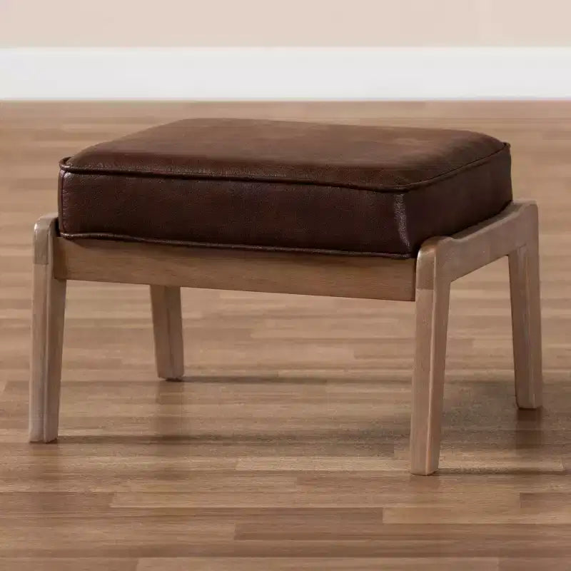 Dark Brown Faux Leather Ottoman, Mid-Century Rectangle, 1-Seat