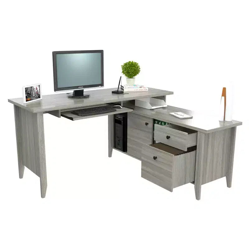 Gray L-Shaped Writing Desk with Storage, 1-Person