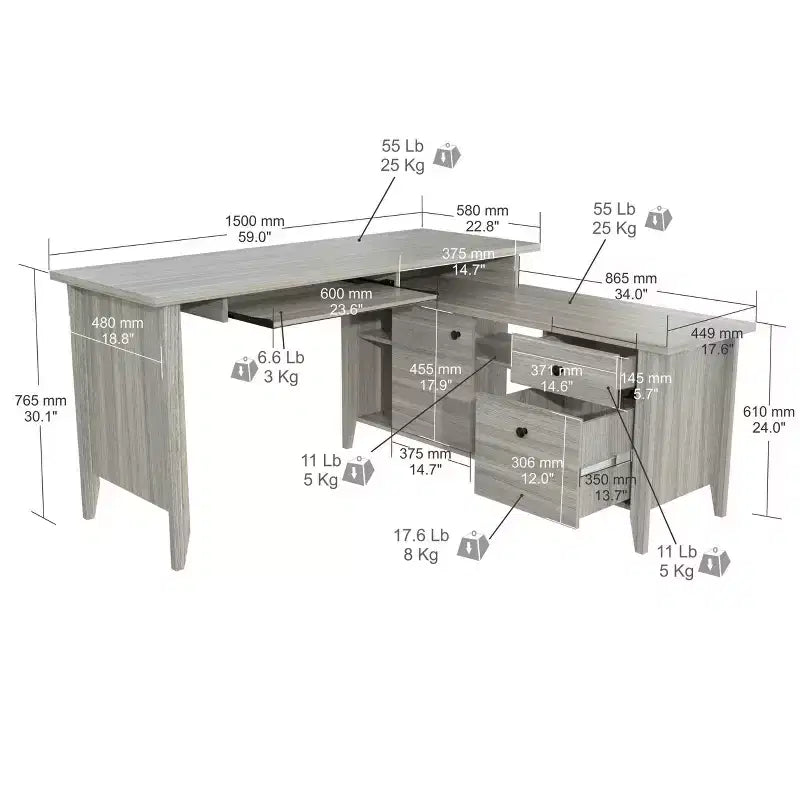 Gray L-Shaped Writing Desk with Storage, 1-Person