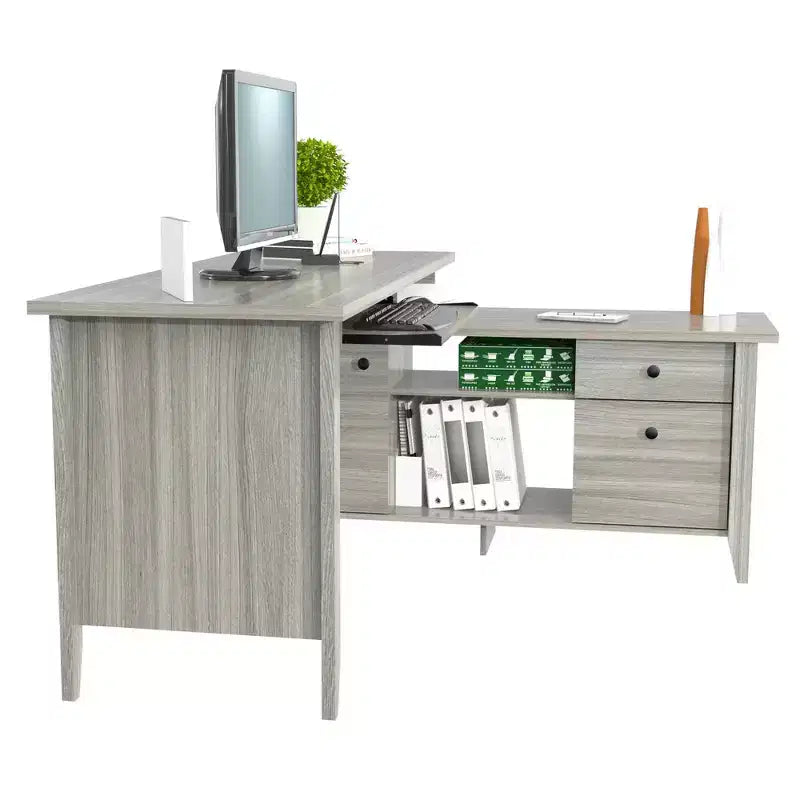 Gray L-Shaped Writing Desk with Storage, 1-Person