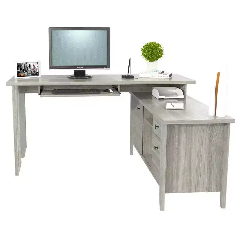 Gray L-Shaped Writing Desk with Storage, 1-Person