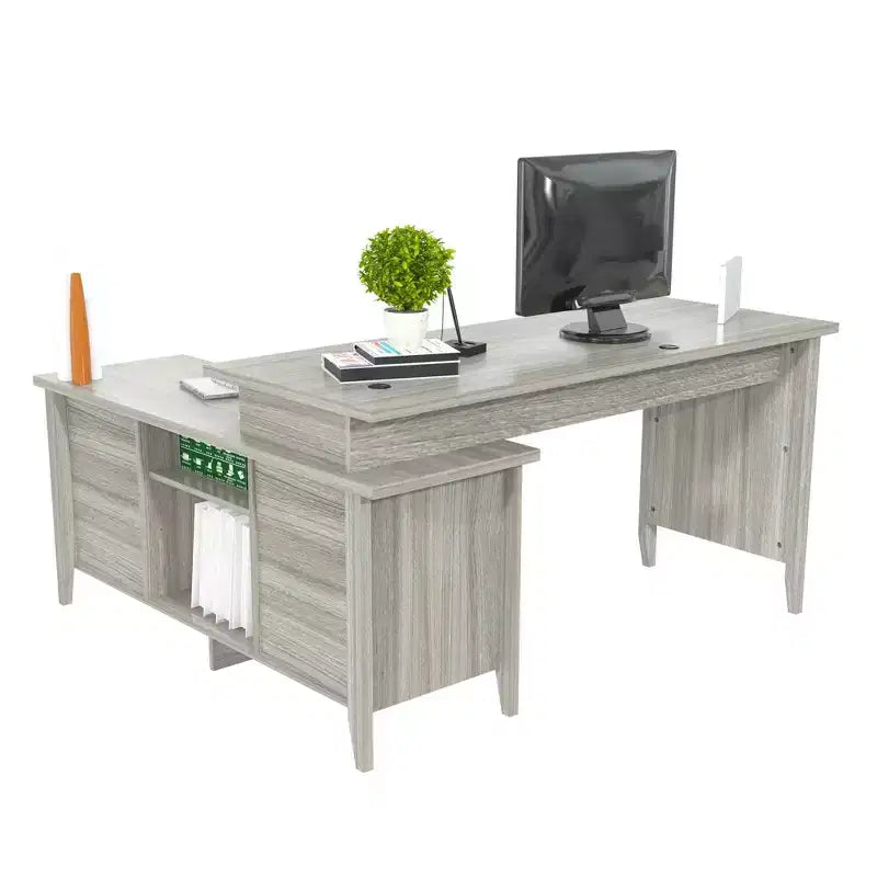 Gray L-Shaped Writing Desk with Storage, 1-Person