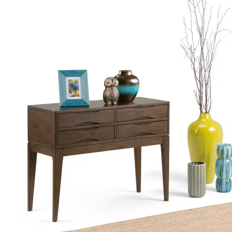 40" Walnut Brown Mid-Century Console Table with 4 Drawers