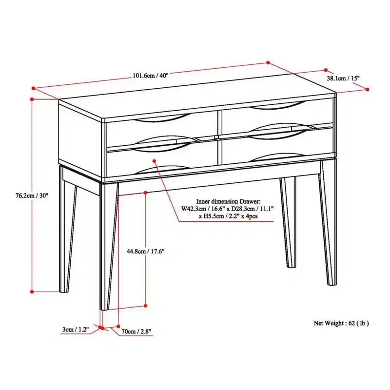 40" Walnut Brown Mid-Century Console Table with 4 Drawers