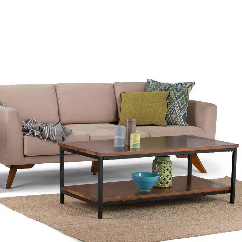48" Rectangle Coffee Table Dark Brown & Black, 2 Drawers + Open Shelf