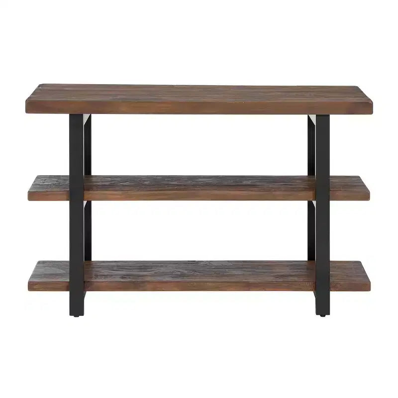 Brown & Black 2-Shelf Console Table, Metal Frame & Wood Top, 1-Person Assembly