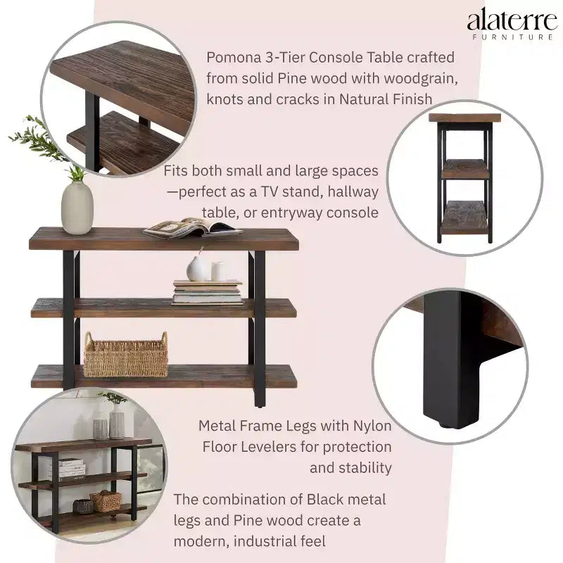 Brown & Black 2-Shelf Console Table, Metal Frame & Wood Top, 1-Person Assembly
