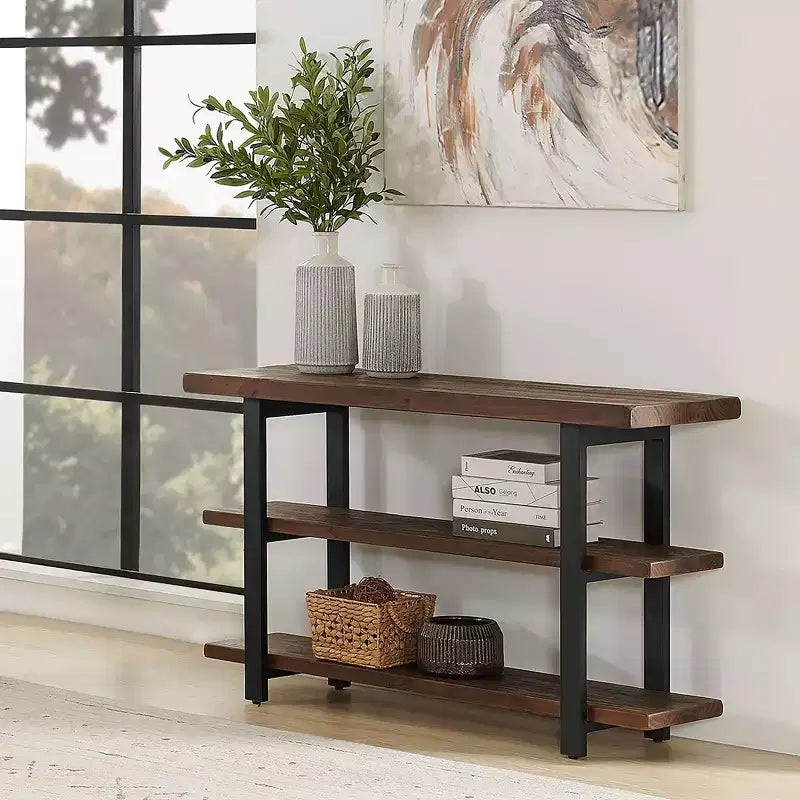 Brown & Black 2-Shelf Console Table, Metal Frame & Wood Top, 1-Person Assembly