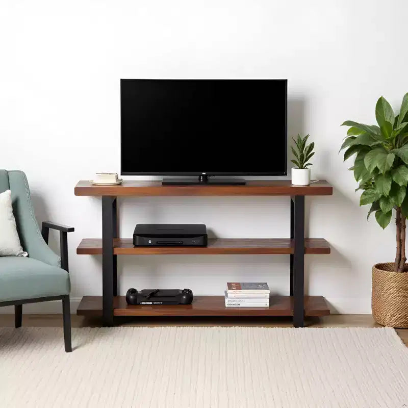 Brown & Black 2-Shelf Console Table, Metal Frame & Wood Top, 1-Person Assembly