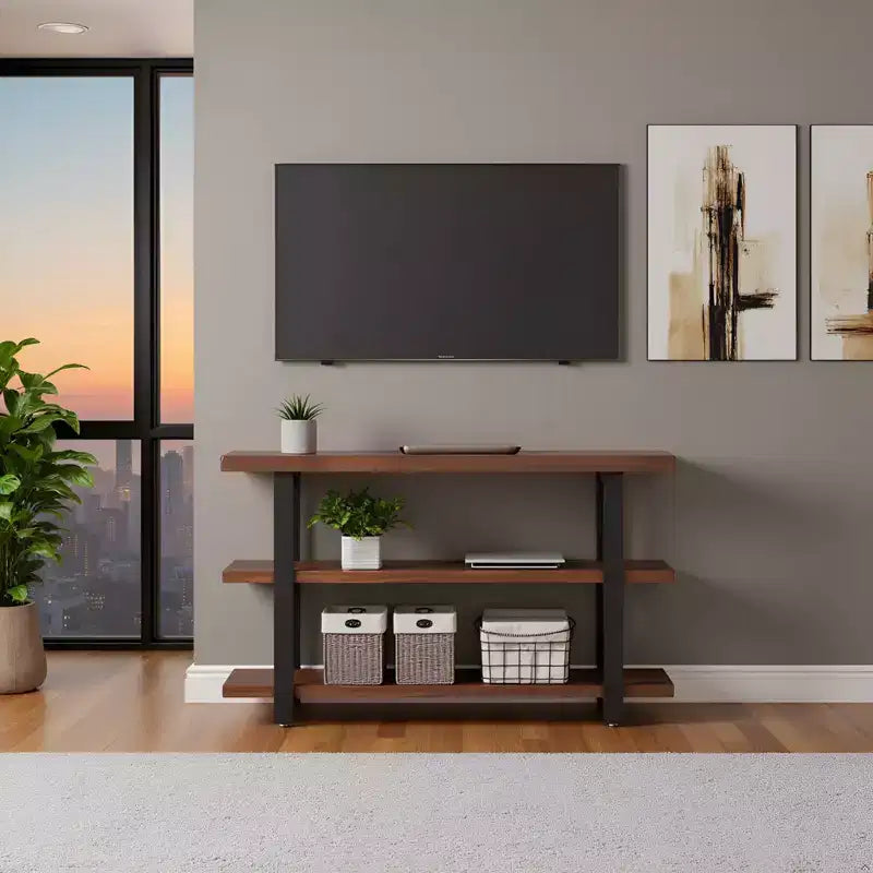 Brown & Black 2-Shelf Console Table, Metal Frame & Wood Top, 1-Person Assembly