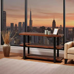 Brown & Black 2-Shelf Console Table, Metal Frame & Wood Top, 1-Person Assembly