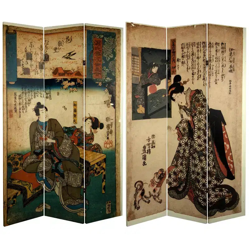 6' Tall Double Sided Japanese Figures Room Divider - Oriental Furniture