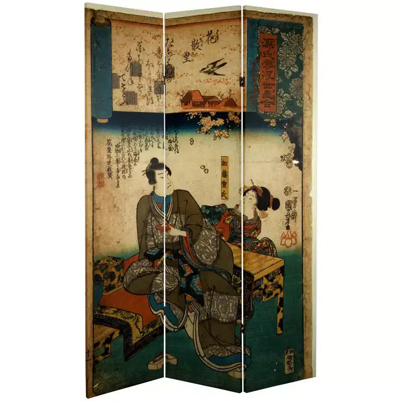 Natural Wood 3-Panel Double-Sided Japanese Figures Room Divider