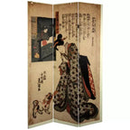 Natural Wood 3-Panel Double-Sided Japanese Figures Room Divider