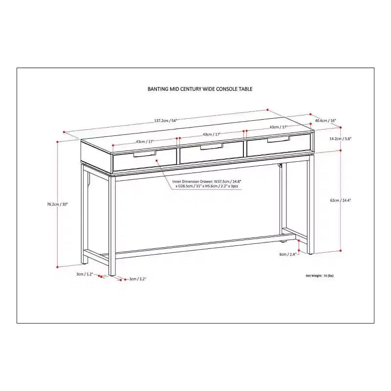 Walnut Brown & Gray 54" 3-Drawer Console Table for 1