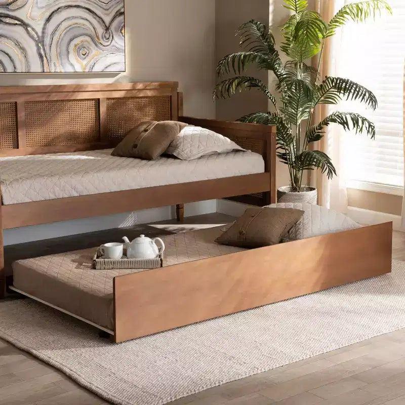 Ash Walnut Twin Trundle Bed – 1-Person, Platform Style, No Box Spring Needed