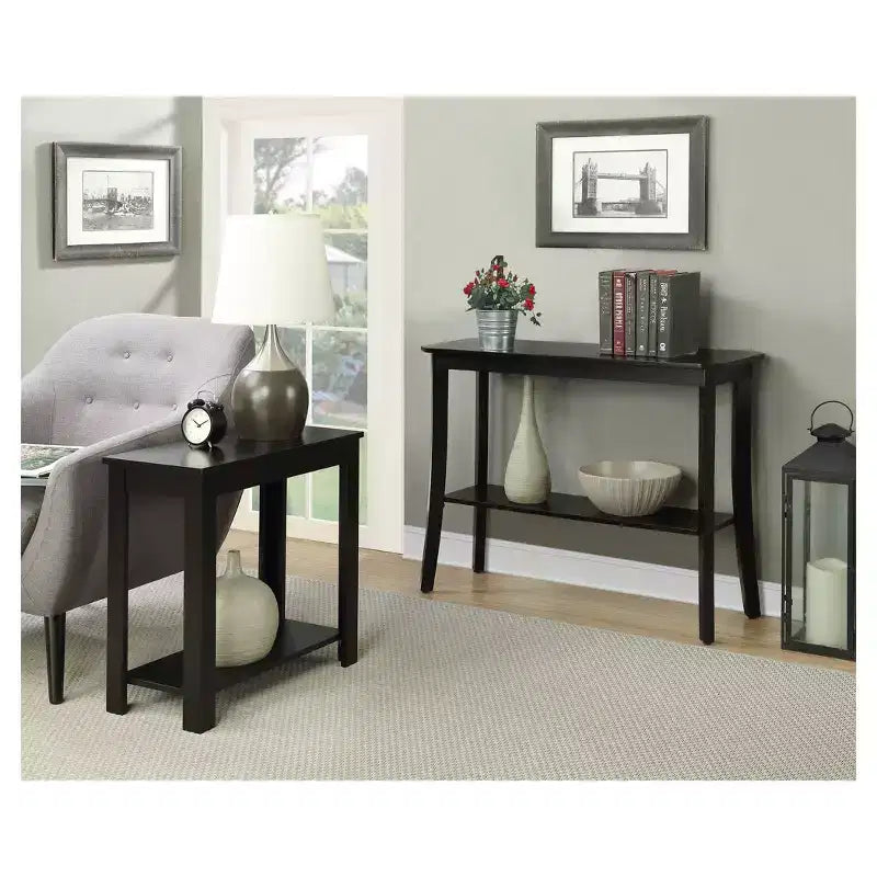 Black Rectangle Console Table with Shelf, 1-Person Assembly