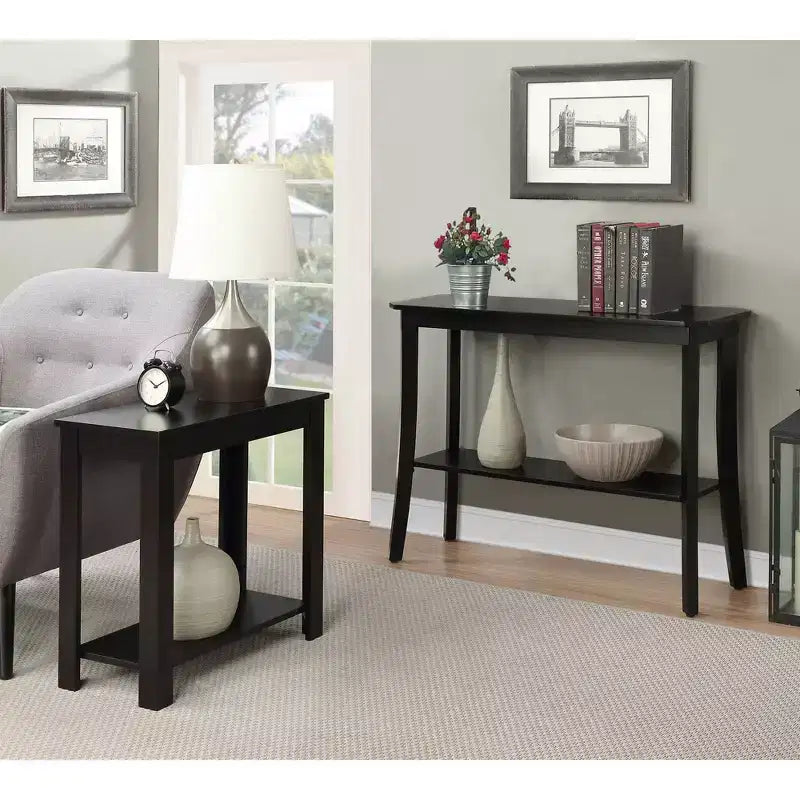 Black Rectangle Console Table with Shelf, 1-Person Assembly