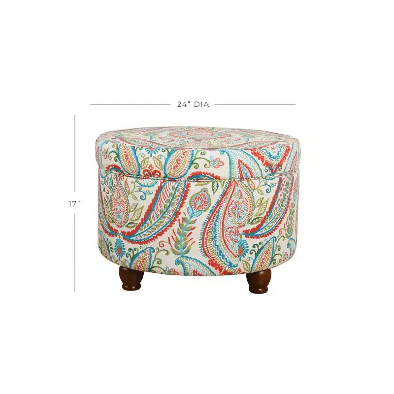 Bold Paisley Round Storage Ottoman, Upholstered, Seats 1