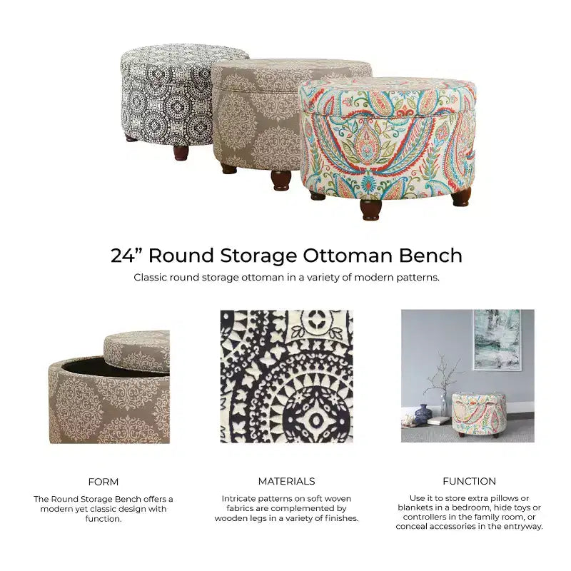 Bold Paisley Round Storage Ottoman, Upholstered, Seats 1