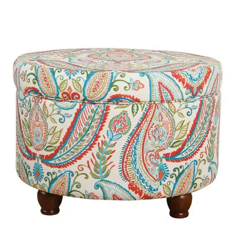 Bold Paisley Round Storage Ottoman, Upholstered, Seats 1