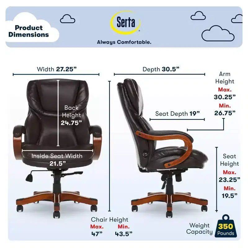 Brown / Ivory / Gray Executive Office Chair, Single Seat, Bonded Leather with Wood Accents