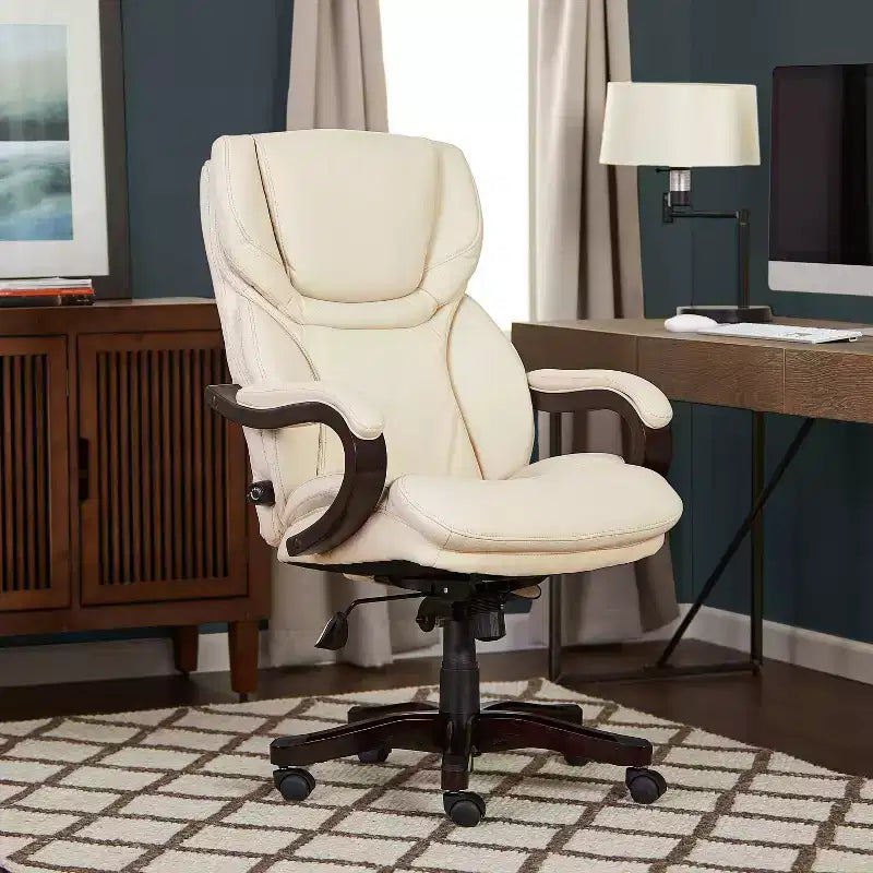 Brown / Ivory / Gray Executive Office Chair, Single Seat, Bonded Leather with Wood Accents