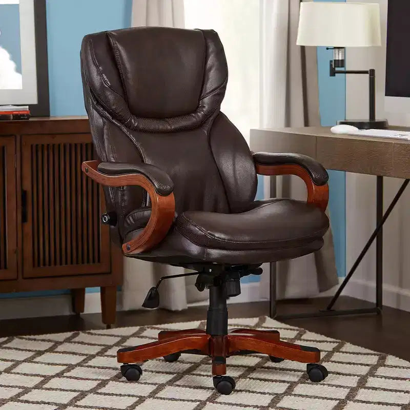 Brown / Ivory / Gray Executive Office Chair, Single Seat, Bonded Leather with Wood Accents