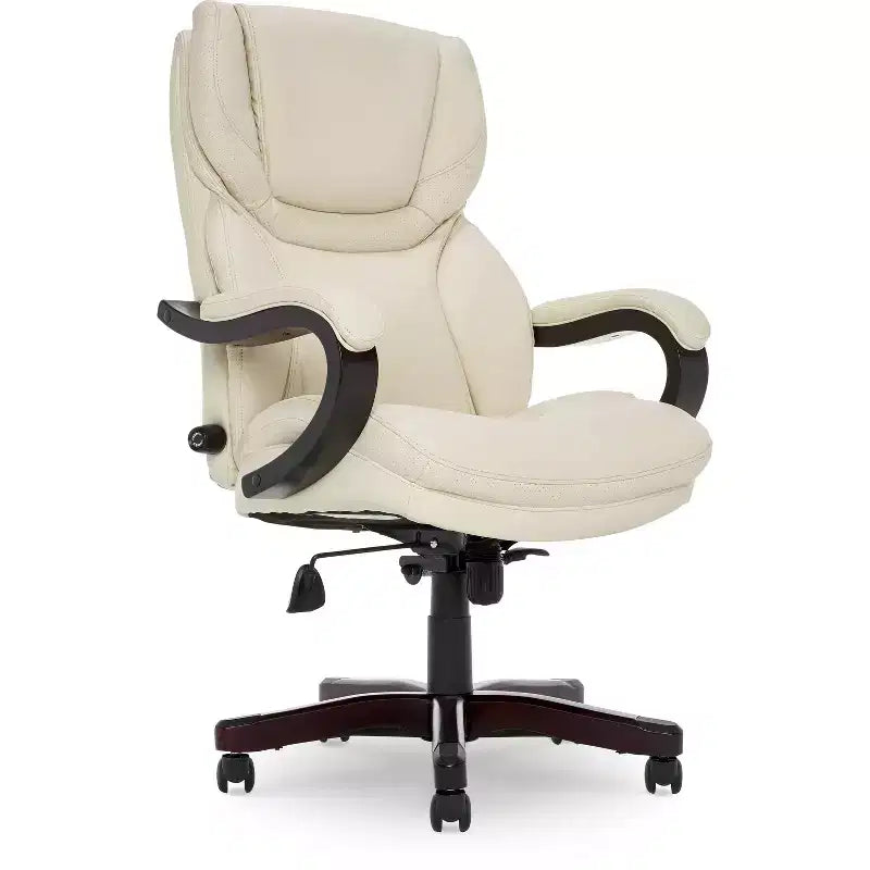 Brown / Ivory / Gray Executive Office Chair, Single Seat, Bonded Leather with Wood Accents