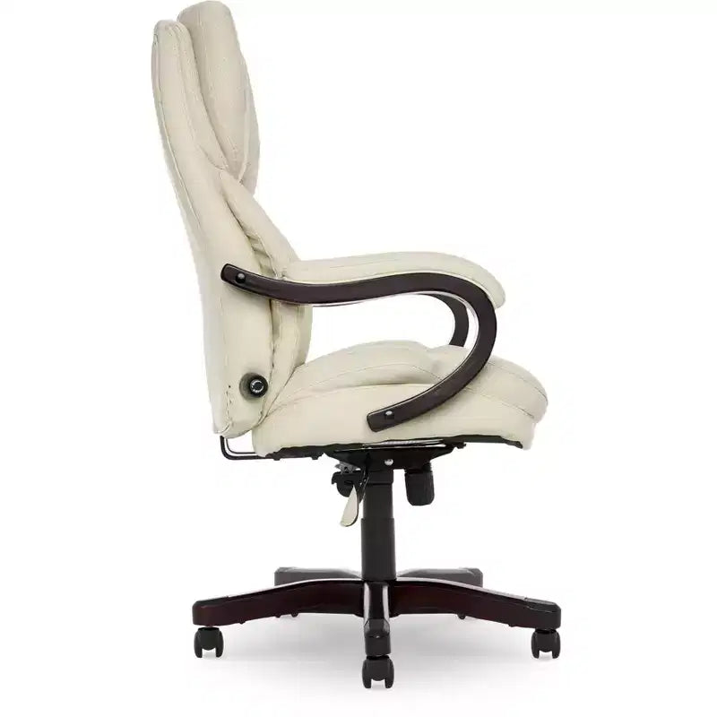 Brown / Ivory / Gray Executive Office Chair, Single Seat, Bonded Leather with Wood Accents