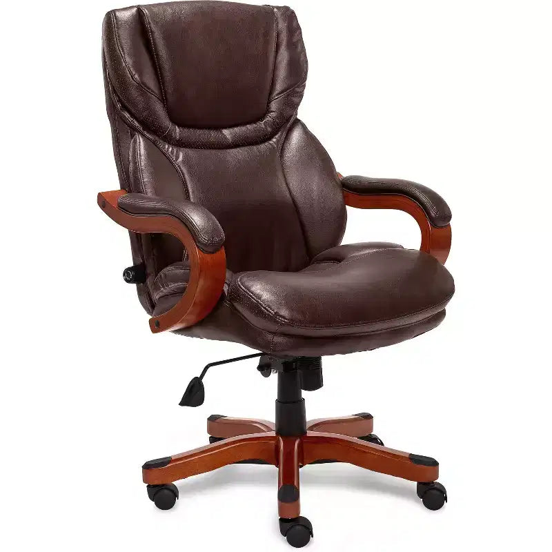 Brown / Ivory / Gray Executive Office Chair, Single Seat, Bonded Leather with Wood Accents