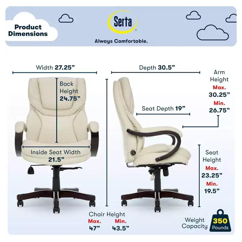 Brown / Ivory / Gray Executive Office Chair, Single Seat, Bonded Leather with Wood Accents
