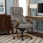 Brown / Ivory / Gray Executive Office Chair, Single Seat, Bonded Leather with Wood Accents