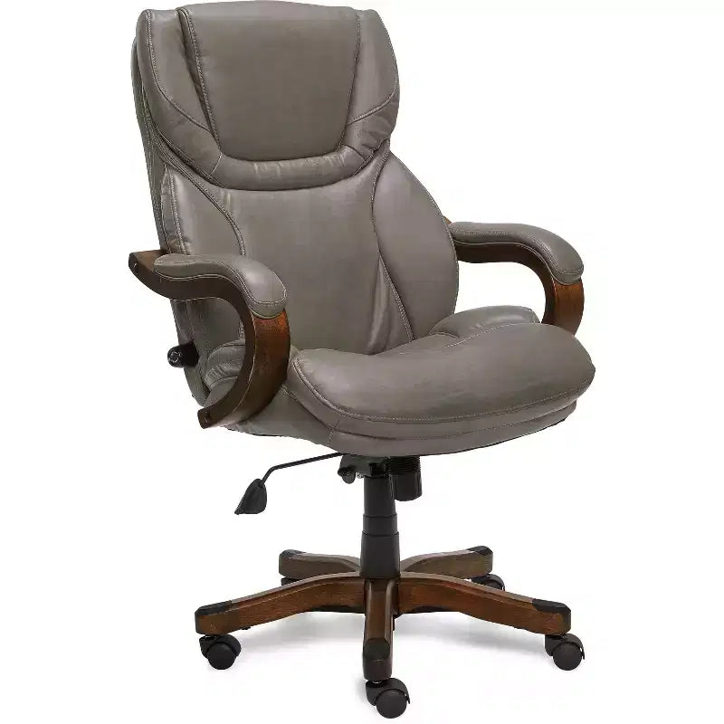 Brown / Ivory / Gray Executive Office Chair, Single Seat, Bonded Leather with Wood Accents
