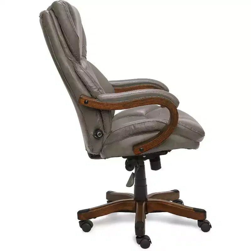 Brown / Ivory / Gray Executive Office Chair, Single Seat, Bonded Leather with Wood Accents