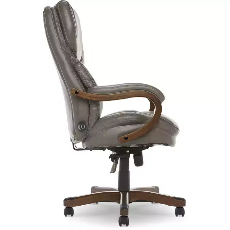 Brown / Ivory / Gray Executive Office Chair, Single Seat, Bonded Leather with Wood Accents