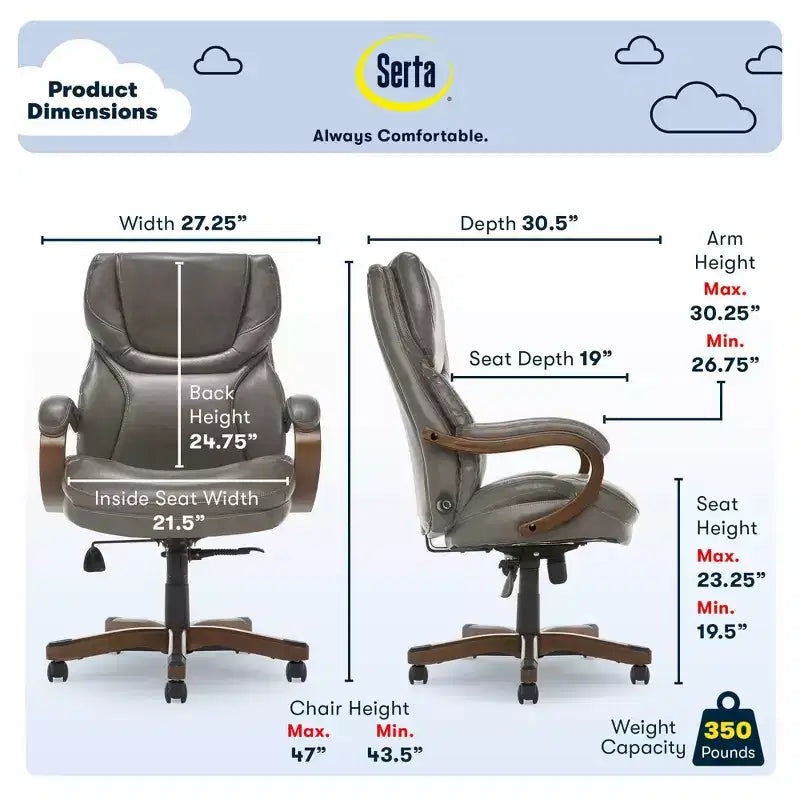 Brown / Ivory / Gray Executive Office Chair, Single Seat, Bonded Leather with Wood Accents