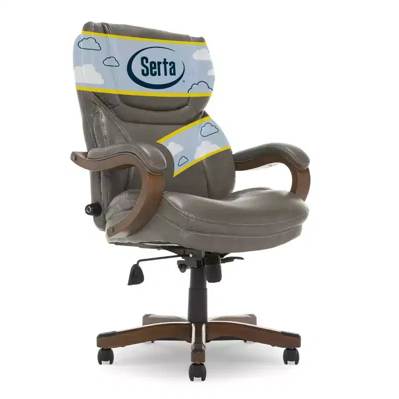 Brown / Ivory / Gray Executive Office Chair, Single Seat, Bonded Leather with Wood Accents