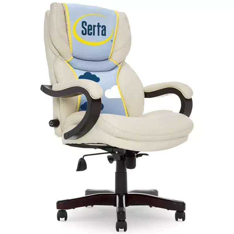 Brown / Ivory / Gray Executive Office Chair, Single Seat, Bonded Leather with Wood Accents