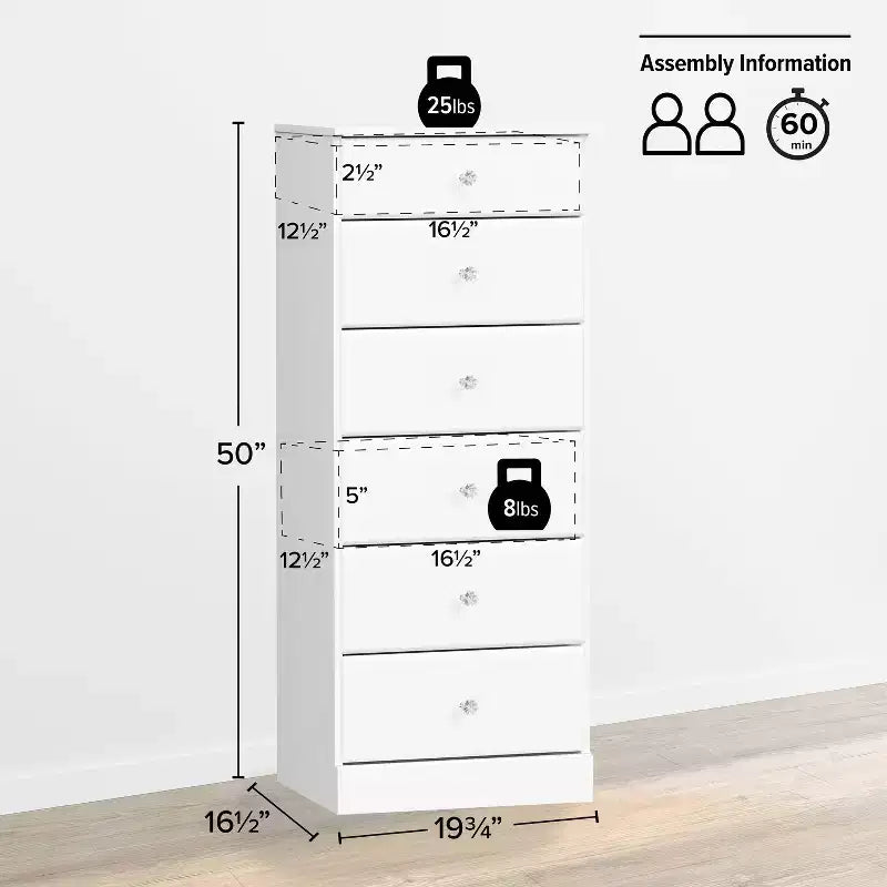 White / Black / Drifted Gray 6-Drawer Tall Chest, Single