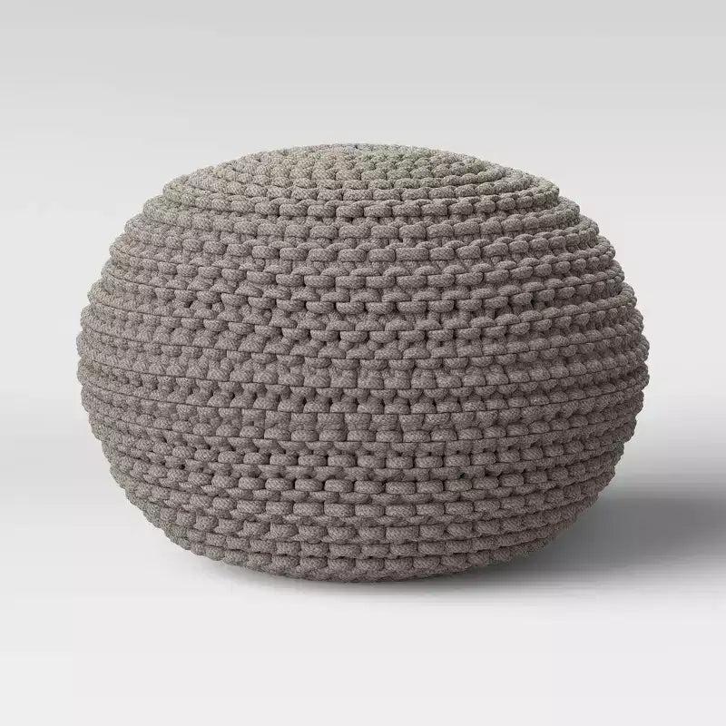 Chunky Knit Round Pouf, Cream / Gray, Seats 1