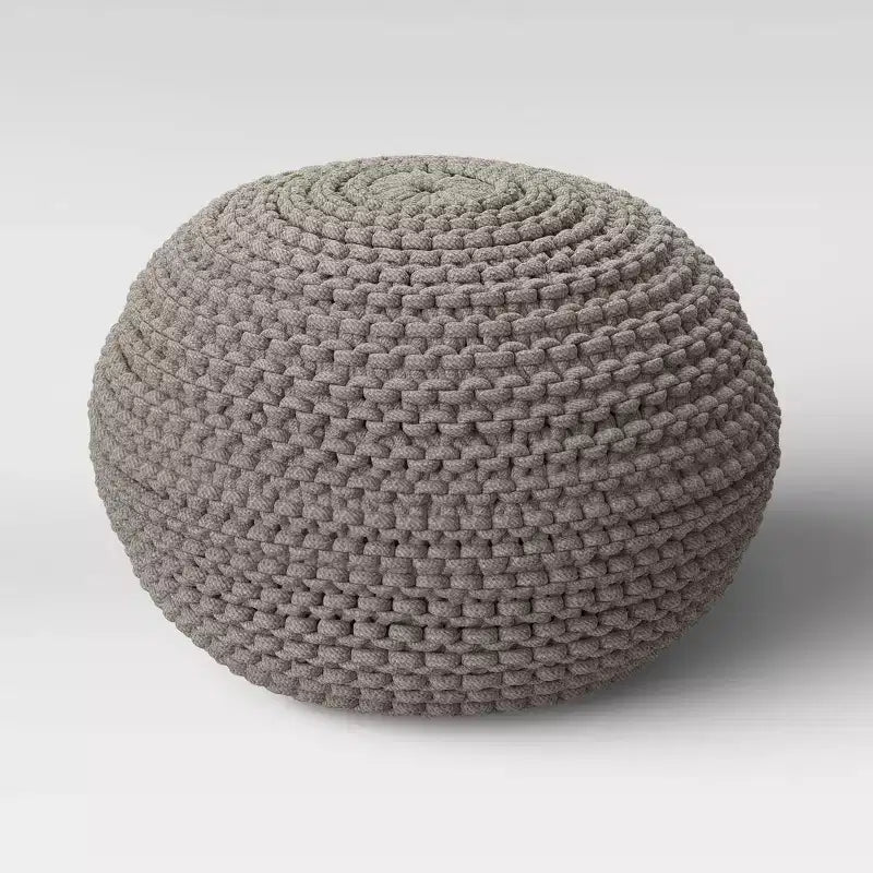 Chunky Knit Round Pouf, Cream / Gray, Seats 1