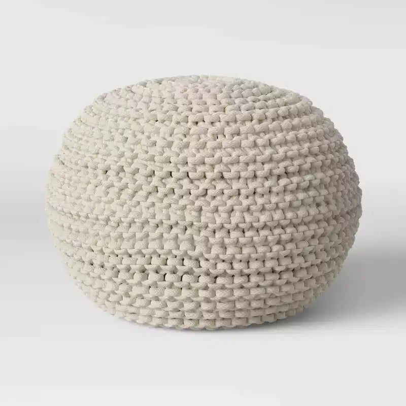Chunky Knit Round Pouf, Cream / Gray, Seats 1
