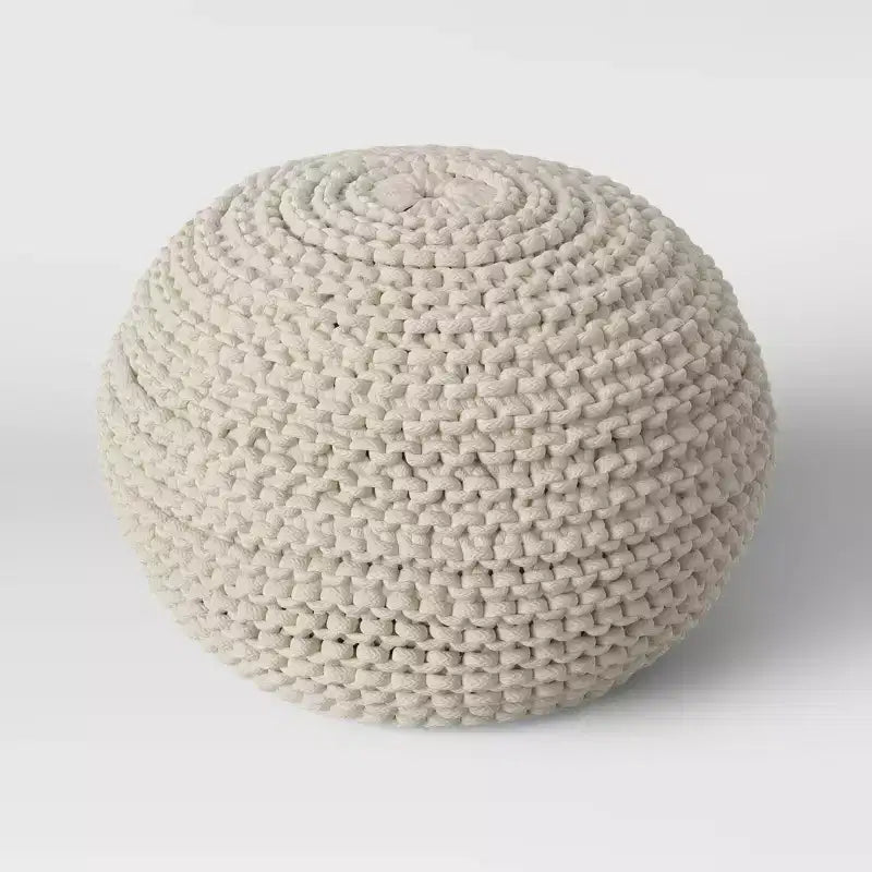 Chunky Knit Round Pouf, Cream / Gray, Seats 1